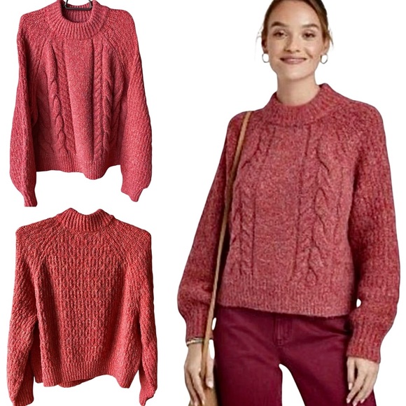 Universal Thread Cable Knit Sweater Mock Neck Size Large Red Orange Cozy Cropped - Picture 14 of 15